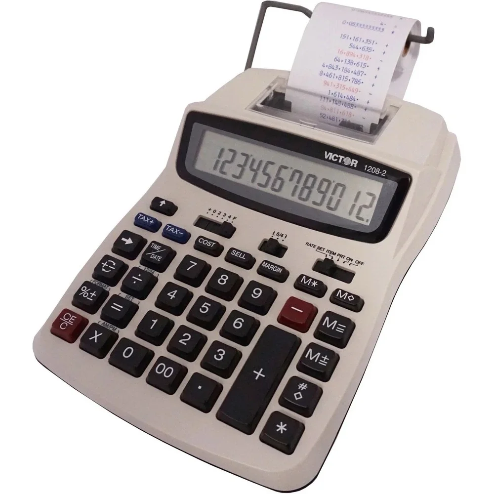 Victor 1208-2 Printing Calculator, 2-Color Black/Red Print, Manual & Adapter NIB